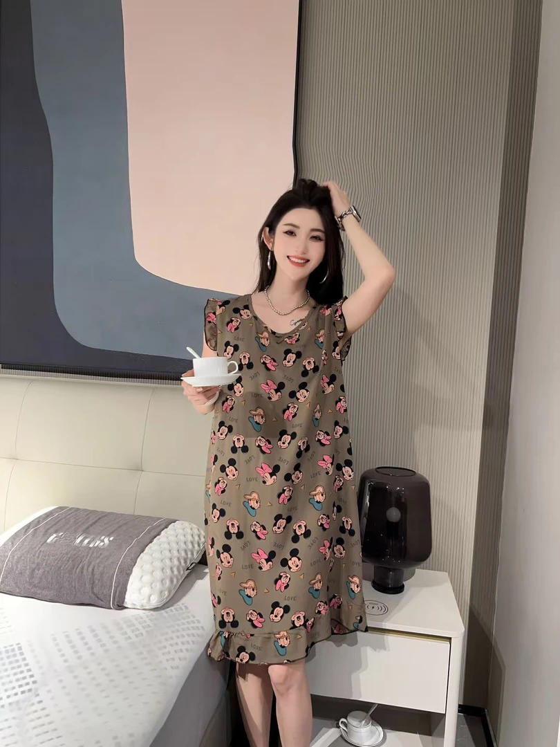 夏季可爱卡通米奇波点无袖宽松棉绸睡裙可外穿家居服