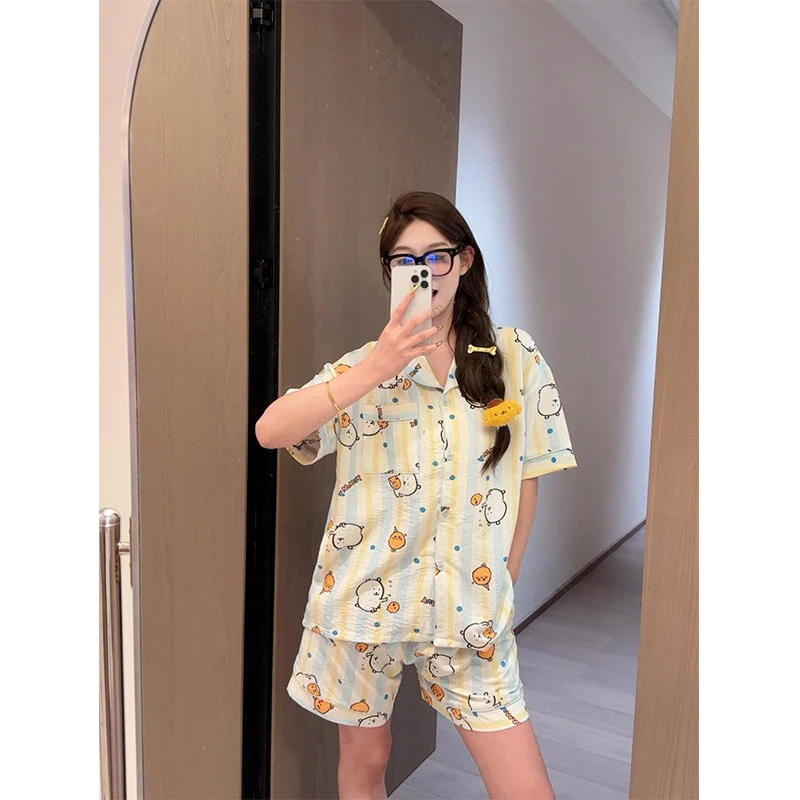 自嘲熊睡衣甜美少女夏季可爱女款条纹卡通短袖短裤家居服休闲套装