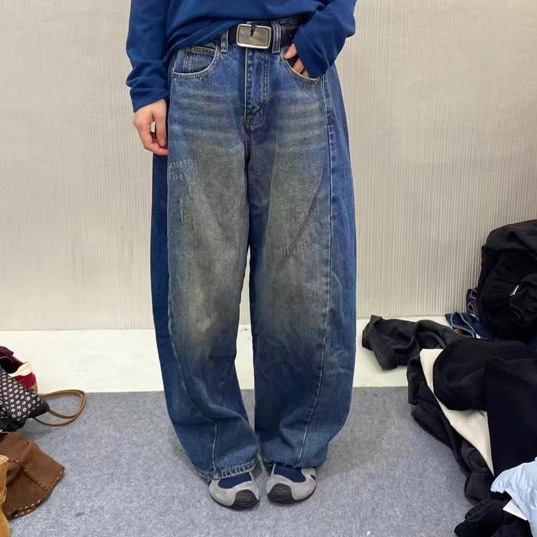 韩国拆包超复古磨旧古铜竖线弯刀牛仔裤