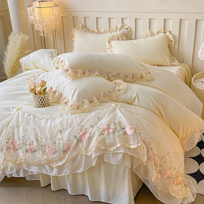 2025新款水洗棉床上四件套非全棉纯棉蕾丝边被套床裙床笠三件套女