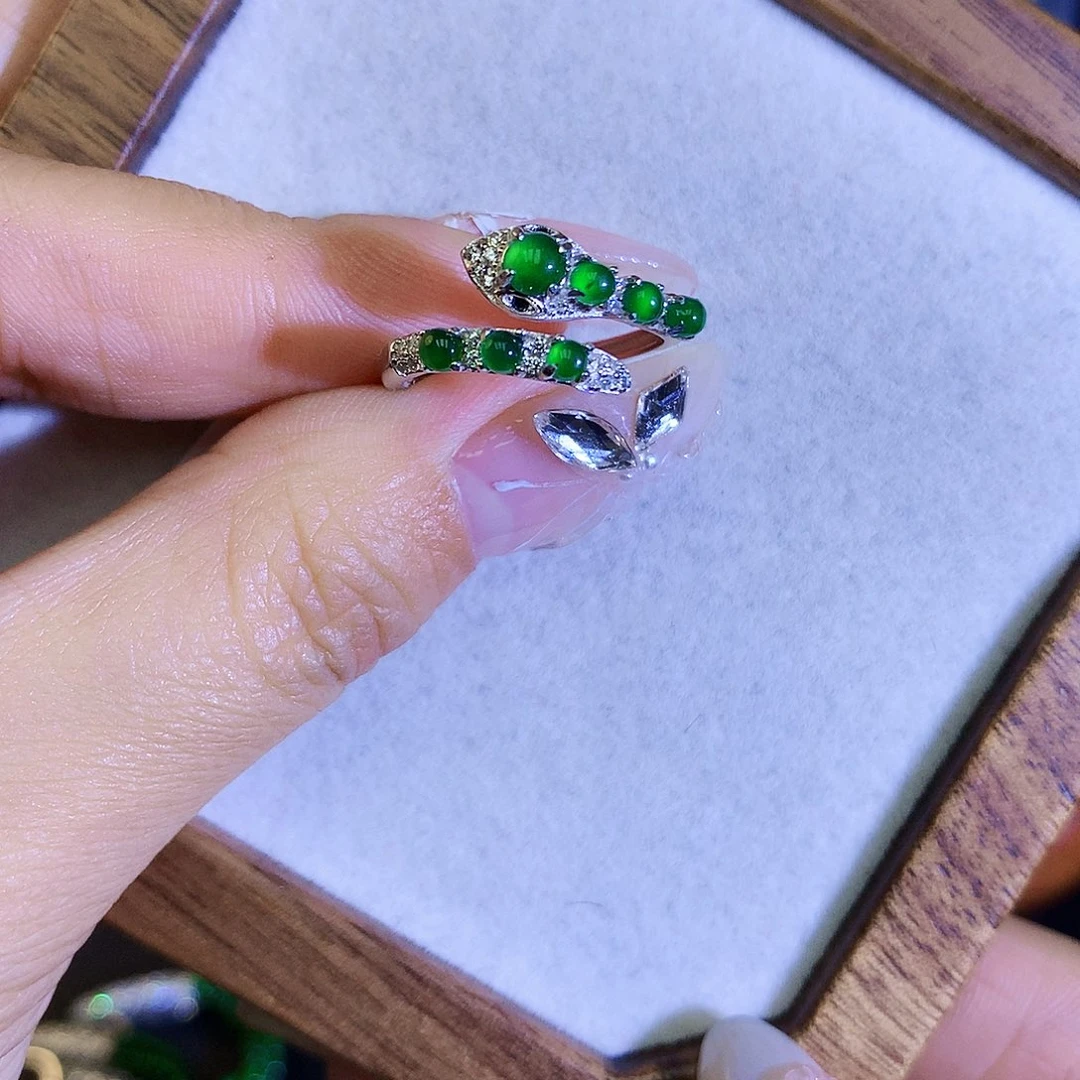 翡翠戒指银S925镶嵌天然翡翠蛇戒指