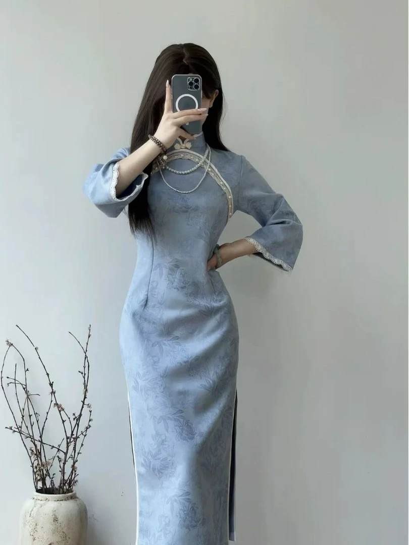1280 【蓝叶】 蓝色 钉珠 美玲襟 旗袍