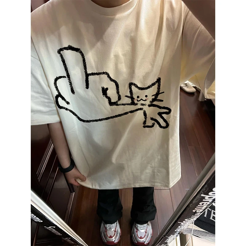 美式小猫竖中指印花短袖T恤男夏季潮牌重磅纯棉休闲宽松圆领上衣