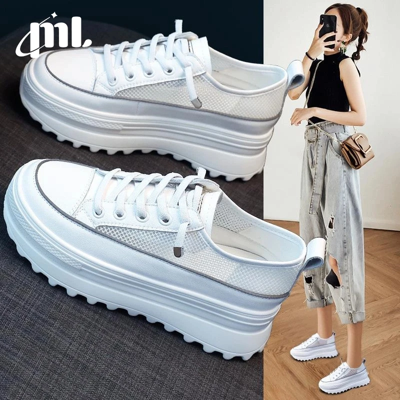 厚底小白鞋女内增高透气2025春夏松糕底真皮运动蛋松糕鞋一脚蹬