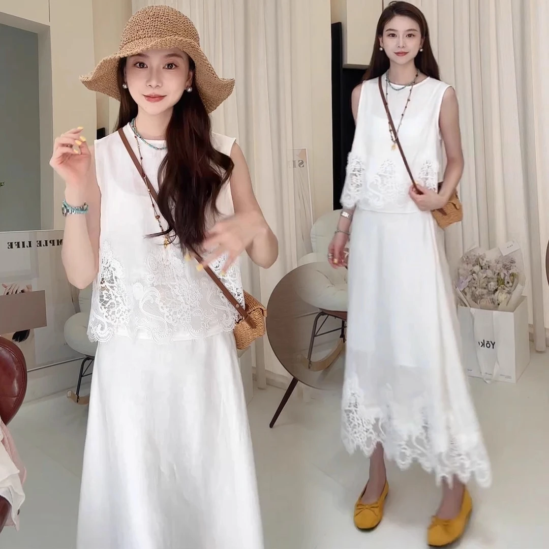 拉夏贝尔时尚套装裙女2025夏季新款显瘦蕾丝无袖上衣半身裙两件套