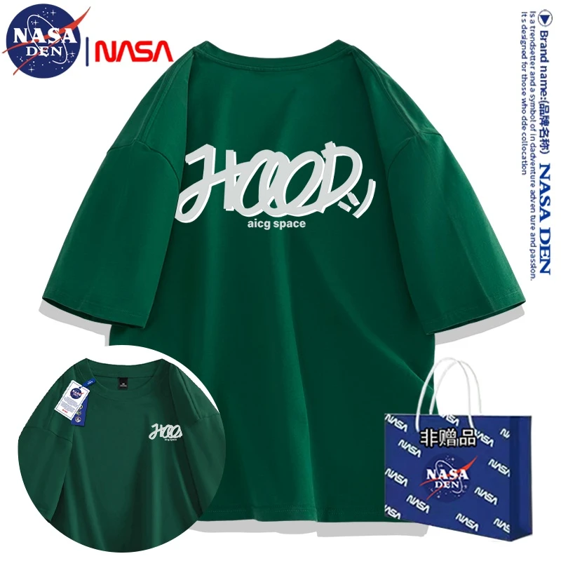 NASA联名夏季纯棉T恤男女宽松港风短袖ins重磅印花复古落肩袖上衣