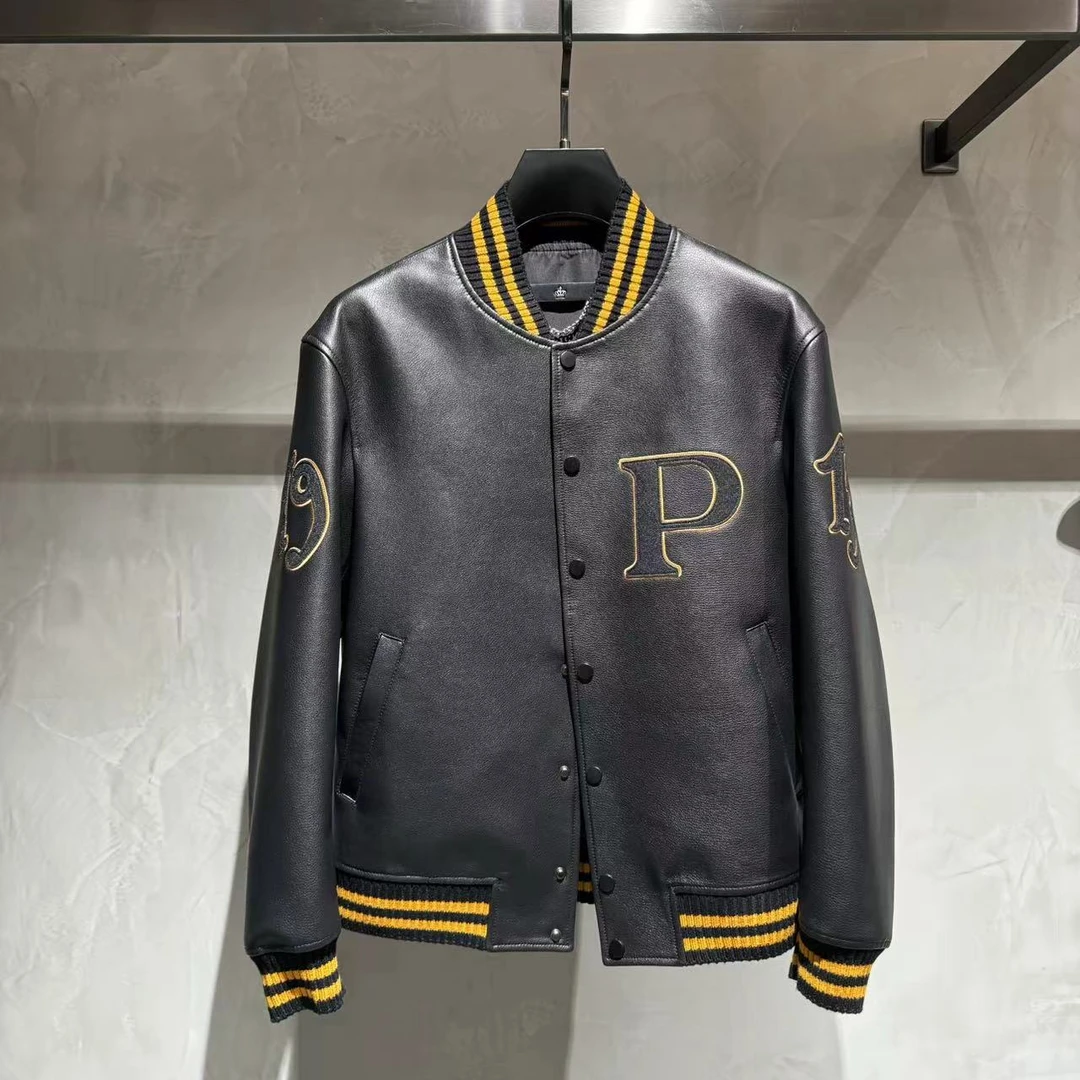 【梵希FanCy】棒球服!男女同款针织罗纹真皮刺绣男士外套!（24072）