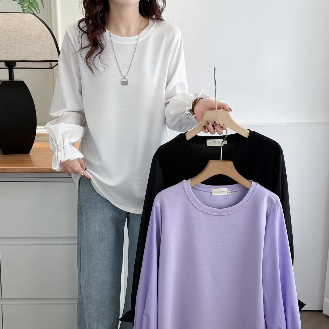 微胖大码春装新款洋气宽松显瘦圆领花边袖百搭打底衫女上衣