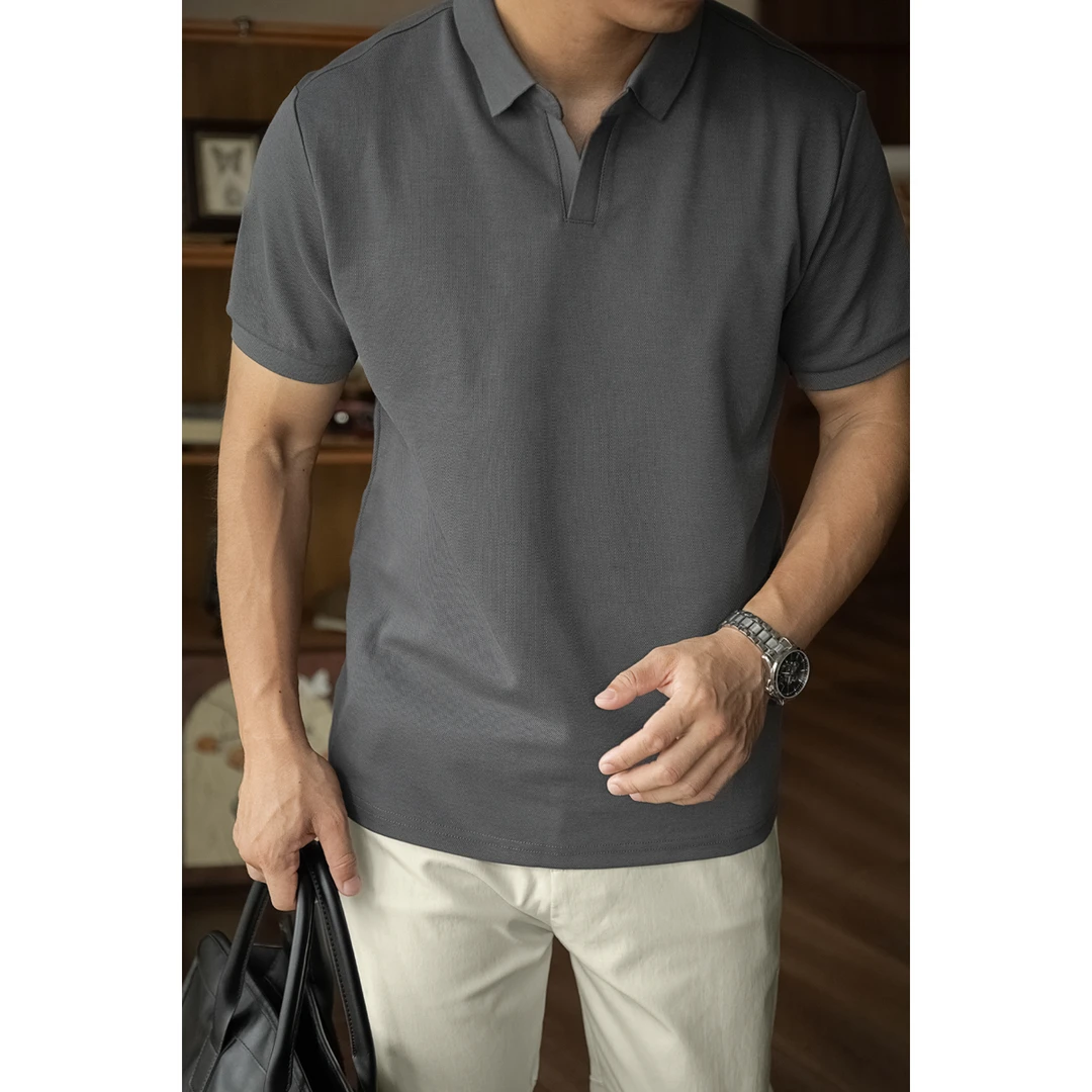 DeweLvum潮牌重磅鱼鳞肌理棉短袖polo衫男简约海鸥领休闲上衣男装