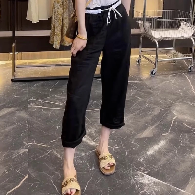 大码女装八分棉麻休闲裤子女2025年夏季薄款高腰显瘦百搭阔腿裤