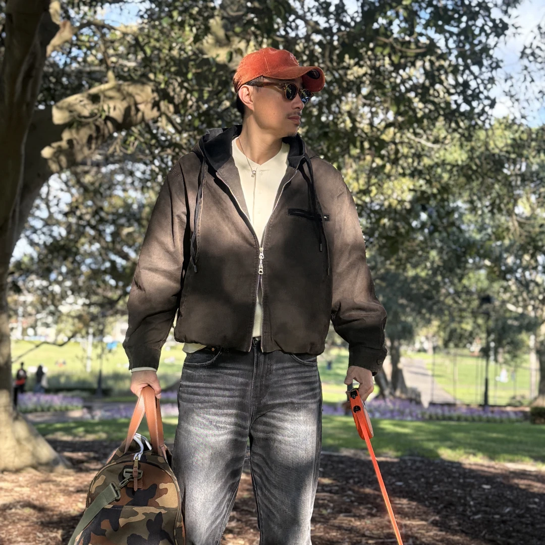 baggy美式复古做旧短宽双拉链水洗连帽夹克