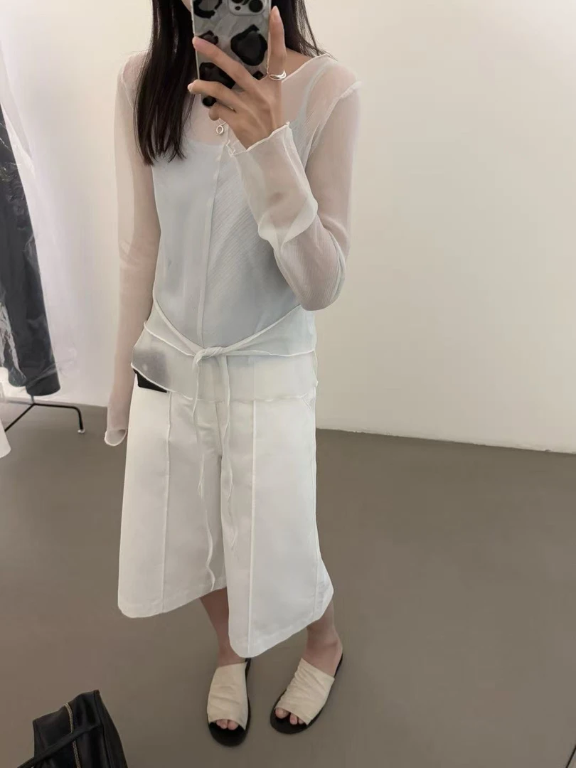lovely@s9576 韩系不规则绑带薄款衬衣+吊带背心套装 6-24