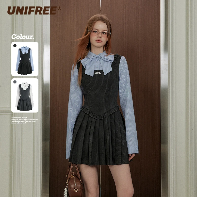 unifree【25年春】格雷系长袖连衣裙女衬衫拼接假两件撞色收腰裙