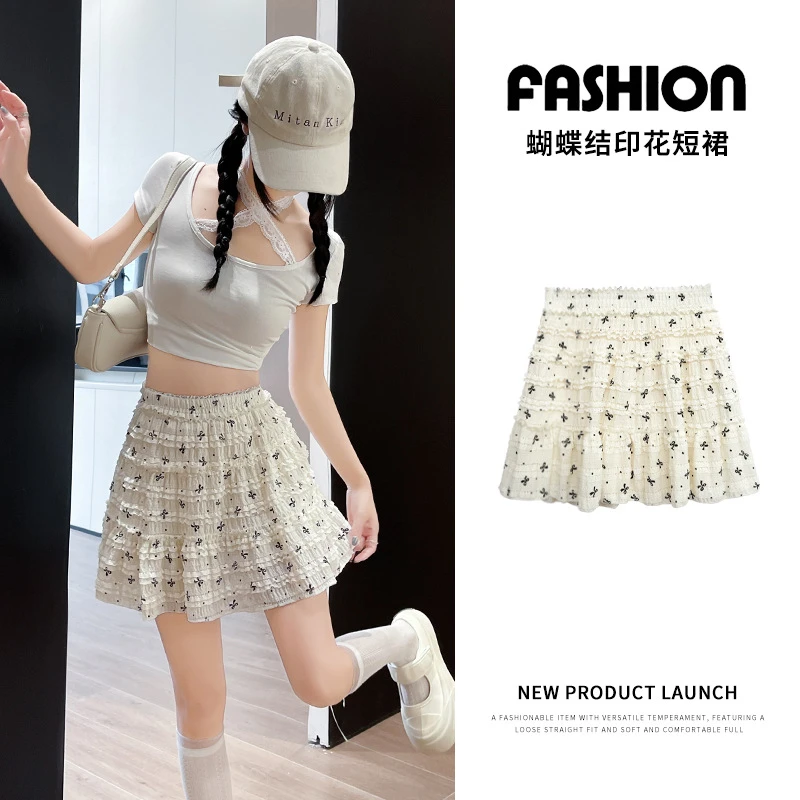 设计感蝴蝶印花蕾丝短裙女夏季甜美少女A字裙摆蛋糕蓬蓬半身短裙
