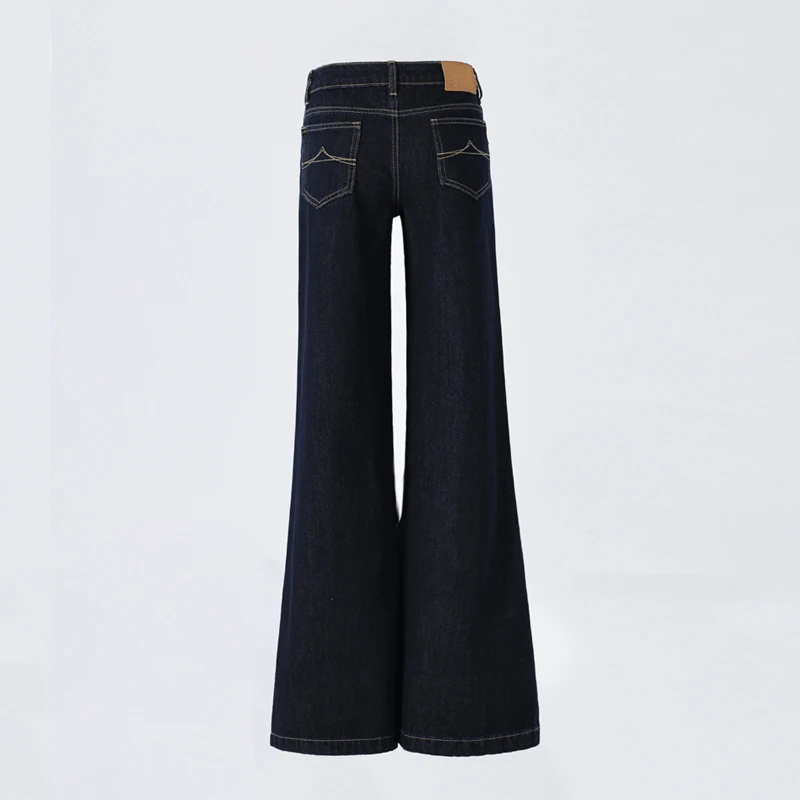 拉夏贝尔深蓝色不贴腿微喇裤女秋季牛仔裤显瘦辣妹低腰拖地喇叭裤