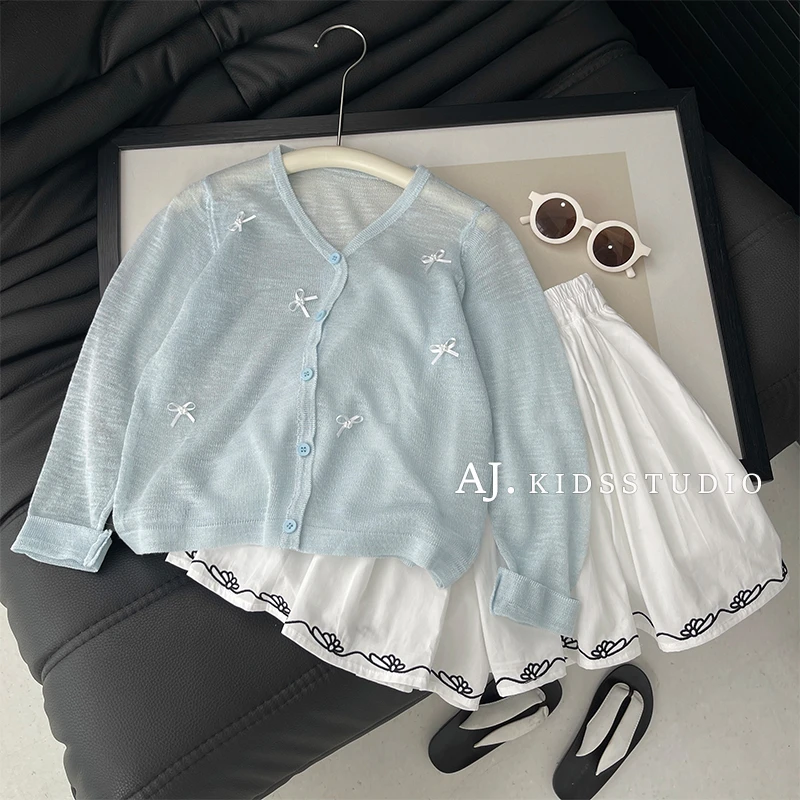 Q现货阿卷夏装儿童韩版时尚蝴蝶结装饰薄款休闲罩衫外套SJ5399