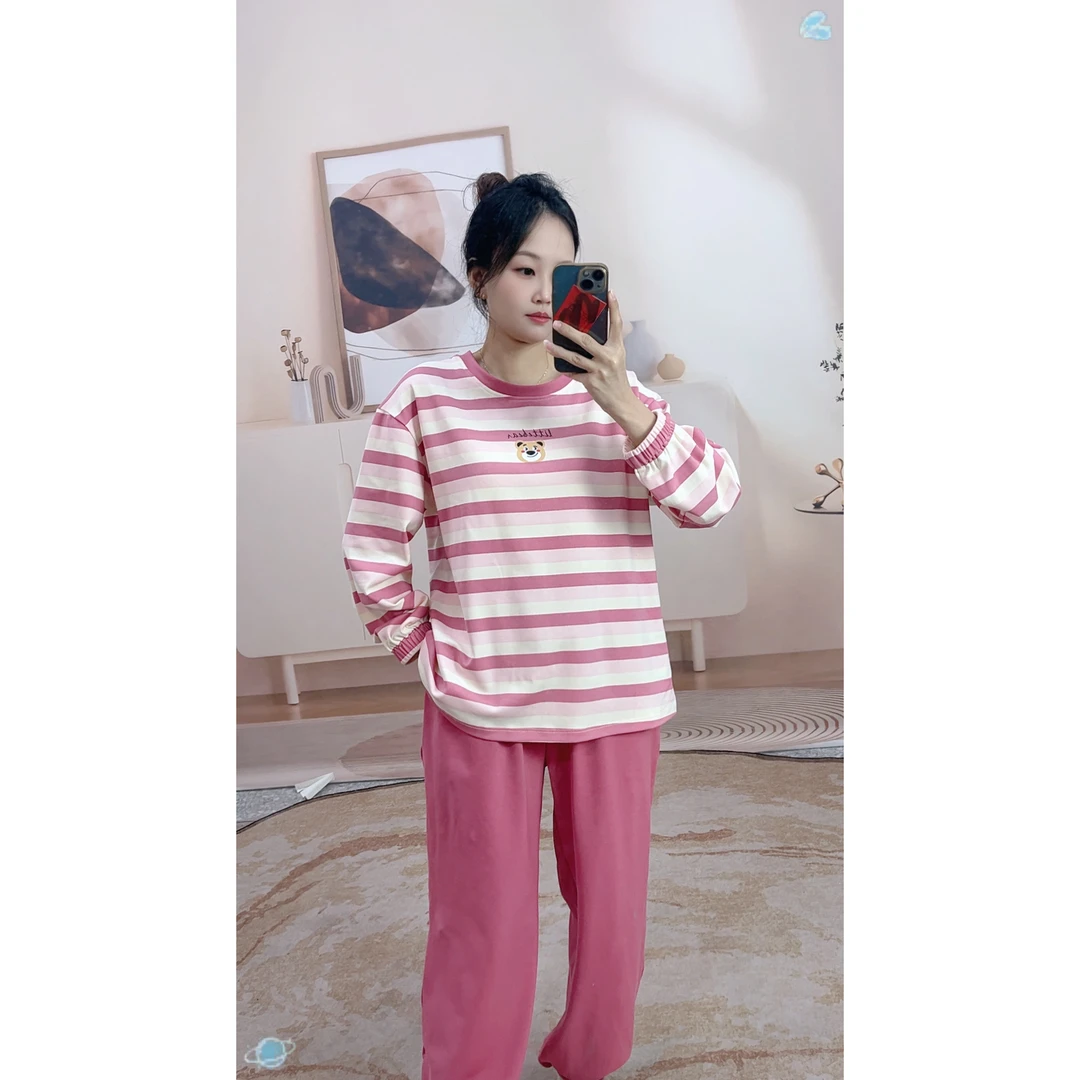 带胸垫睡衣女士春秋款长袖棉学生秋冬季薄款家居服套装