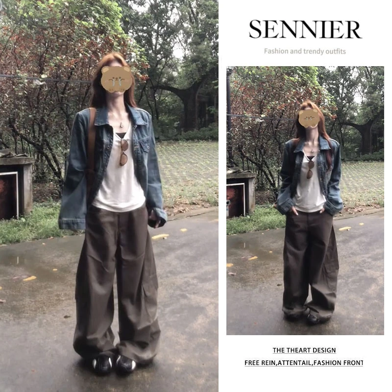 2025早秋新款洋气百搭宽松长袖牛仔外套纯色背心显瘦阔腿裤三件套