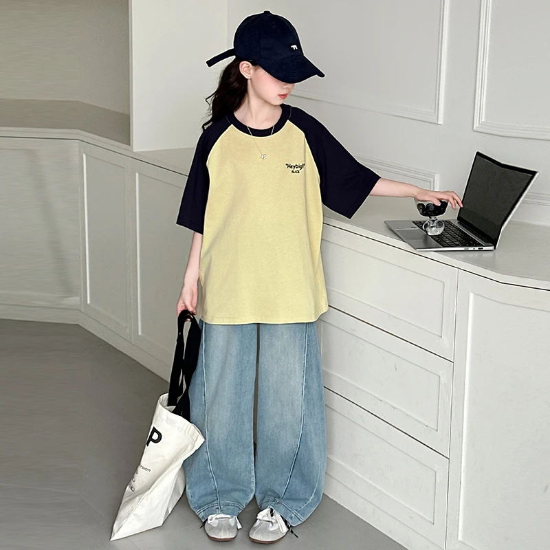 学生撞色插肩袖短袖T恤少女大童夏季2025新款15初中高中半袖上衣