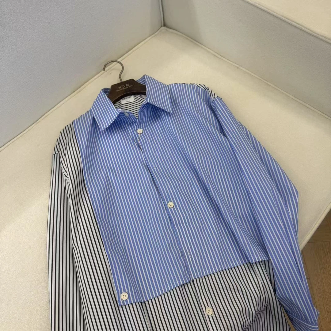 小众设计感拼色条纹时尚简单大气通勤风简约衬衣H4858