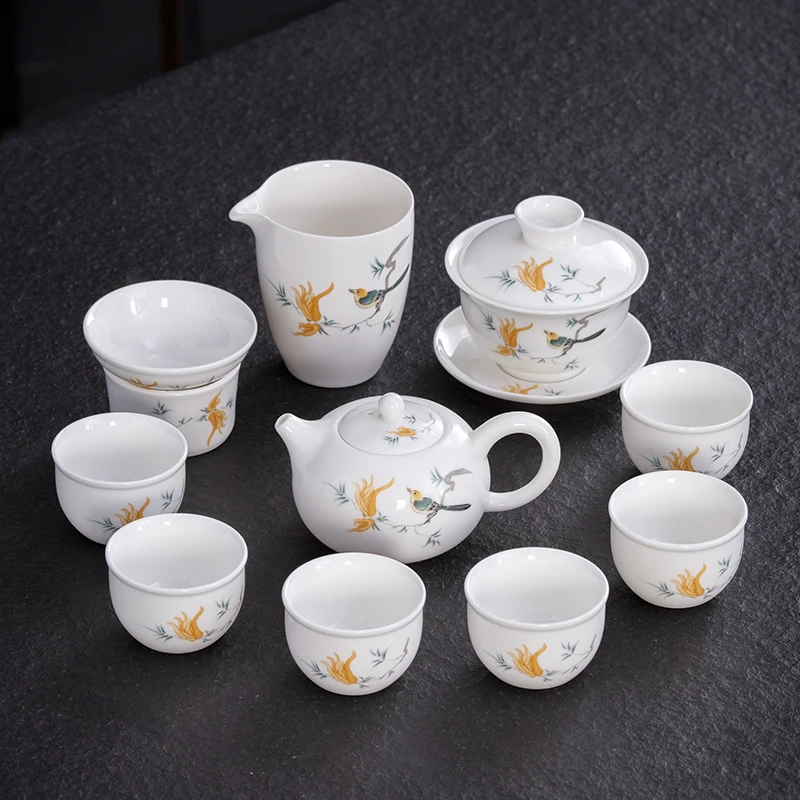 晟翔陶瓷茶具羊脂玉瓷佛手鸟11头