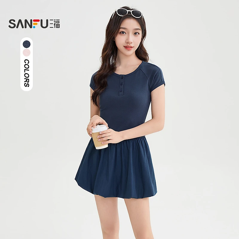 三福连衣裙2025夏季插肩袖设计开扣圆领花苞裙子女装507536