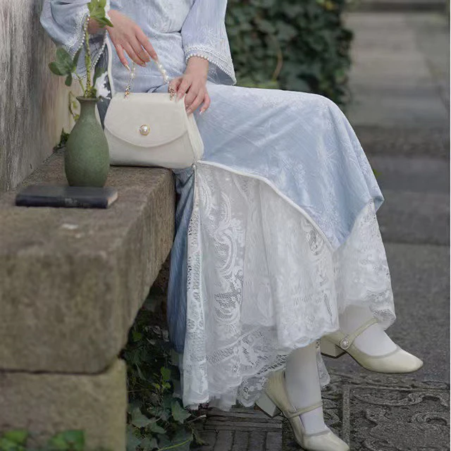 旗袍内衬白色蕾丝高腰镂空长款大码旗袍内衬半身百搭大摆裙内搭