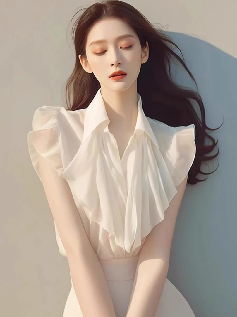 法式高级感荷叶边小飞袖雪纺衬衫女宽松显瘦气质白色上衣夏季新款