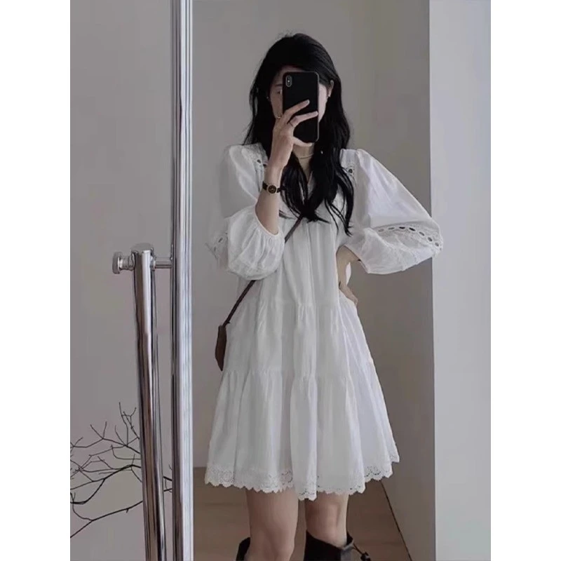 2025新款春秋季白色镂空衬衫洋装大尺码女装胖mm高级感宽松遮肚短