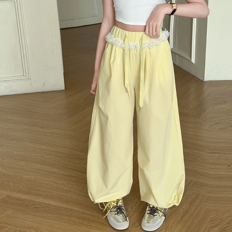 女童夏季阔腿裤2025新款中大童蕾丝花边休闲裤女孩薄款防蚊长裤子