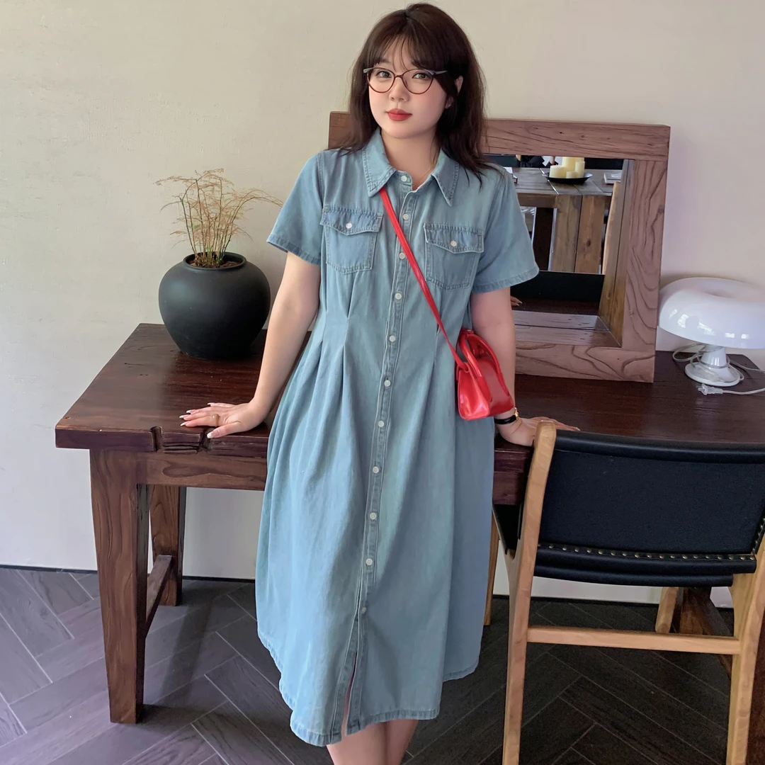 大码女装220斤天丝牛仔连衣裙夏季胖mm200收腰显瘦POLO领A字长裙