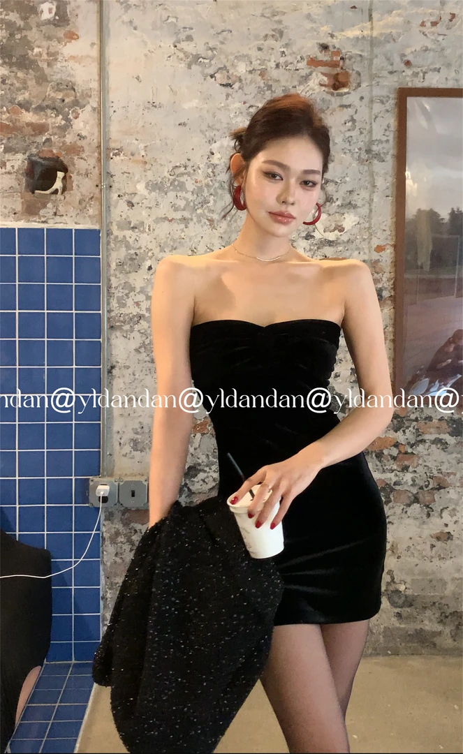 @yldandan|潘多拉女主复古性感法式抹胸显瘦气质小众露肩连衣裙