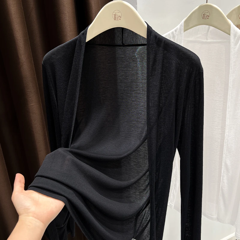 黑色软糯冰丝针织长袖防晒开衫女款配裙子外搭中长款披肩外套上衣