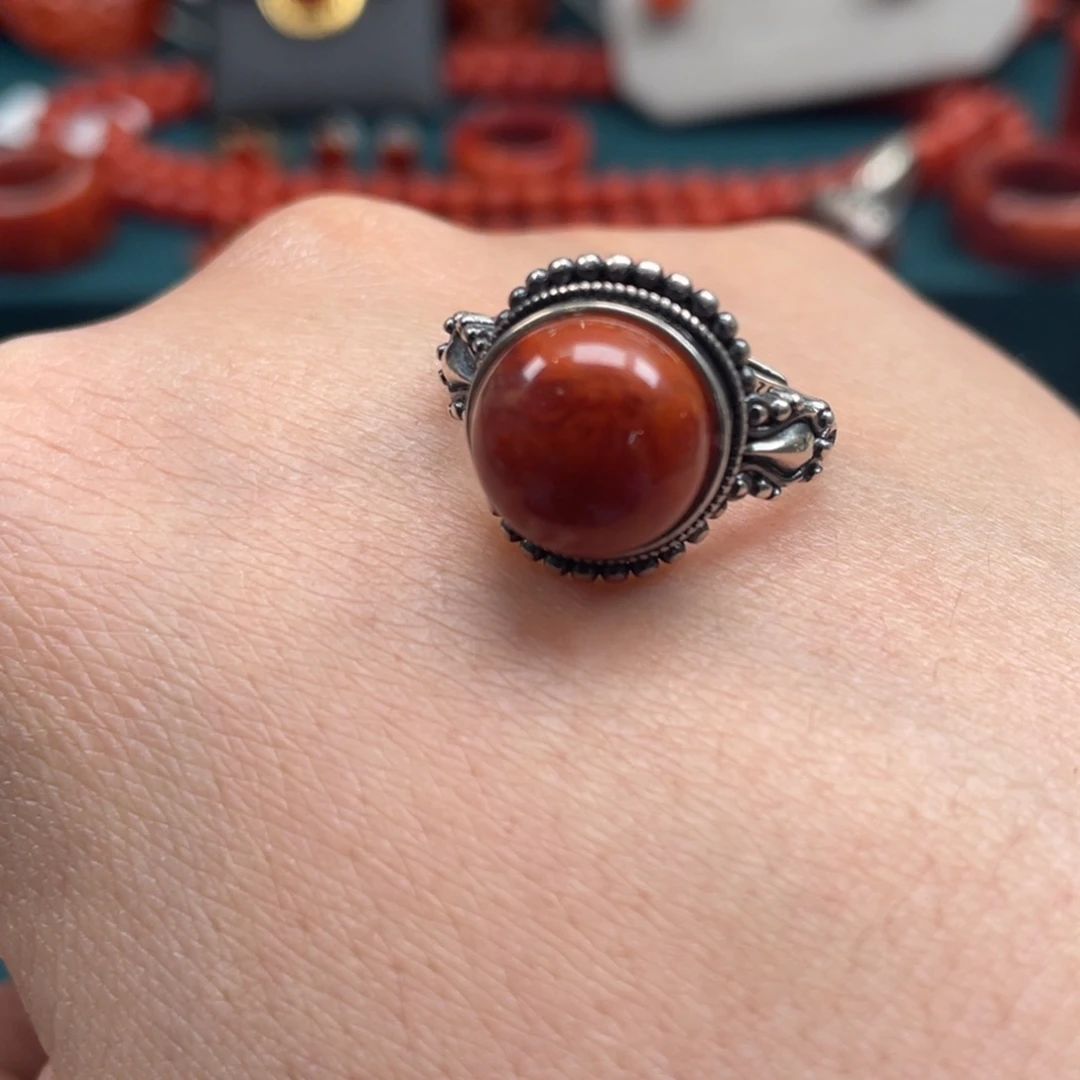 南红玛瑙川料南红火焰戒指银S925镀金镶嵌