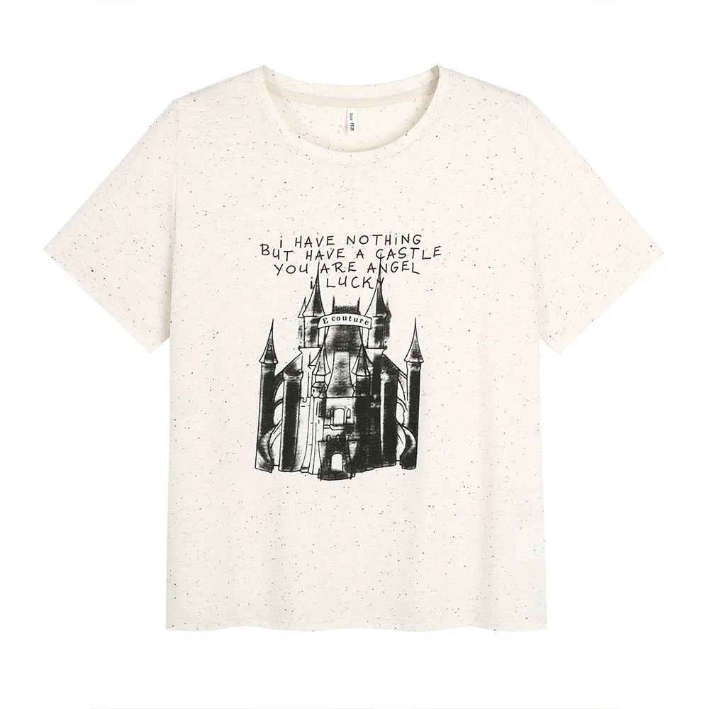 美式复古圆领正肩印花上衣胖mm大码宽松显瘦百搭短袖T恤63757