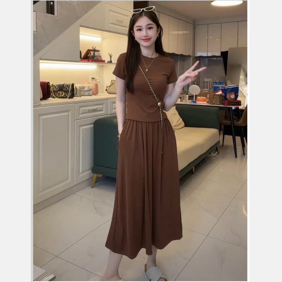 （短袖+半身裙）夏季短款法式两件套半身裙长裙套装