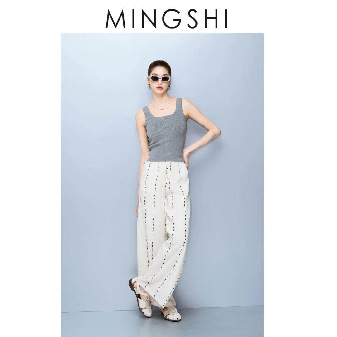 MS名实  夏季新款设气质轻奢波点条纹老钱风高腰休闲裤 U311828