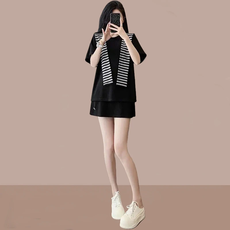 高级感韩系学院风套装女2025夏季新款时尚百搭短袖t恤裤裙两件套