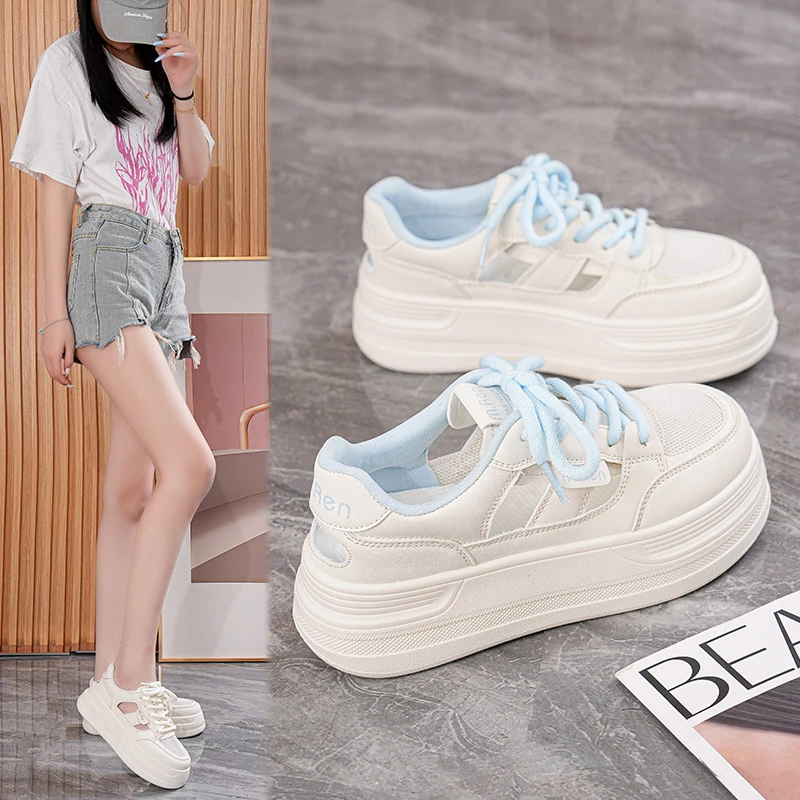 2025年夏季新款透气镂空小白鞋厚底松糕韩版百搭休闲网红女鞋