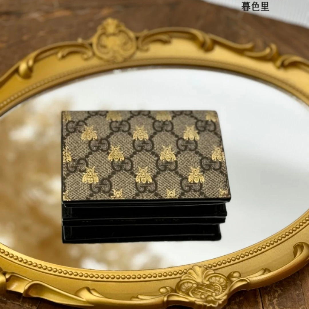 95新 GUCCI/古驰 72655B 灰色老花蜜蜂短款钱包女士