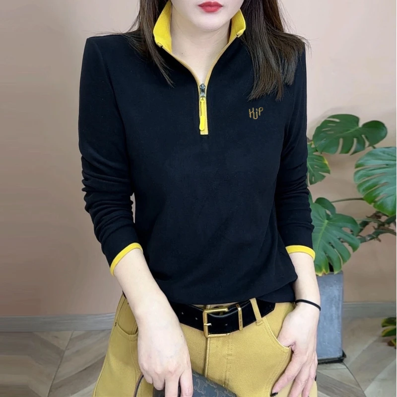2025春季新品时尚百搭修身显瘦加绒加厚半拉链打底女士上衣5551
