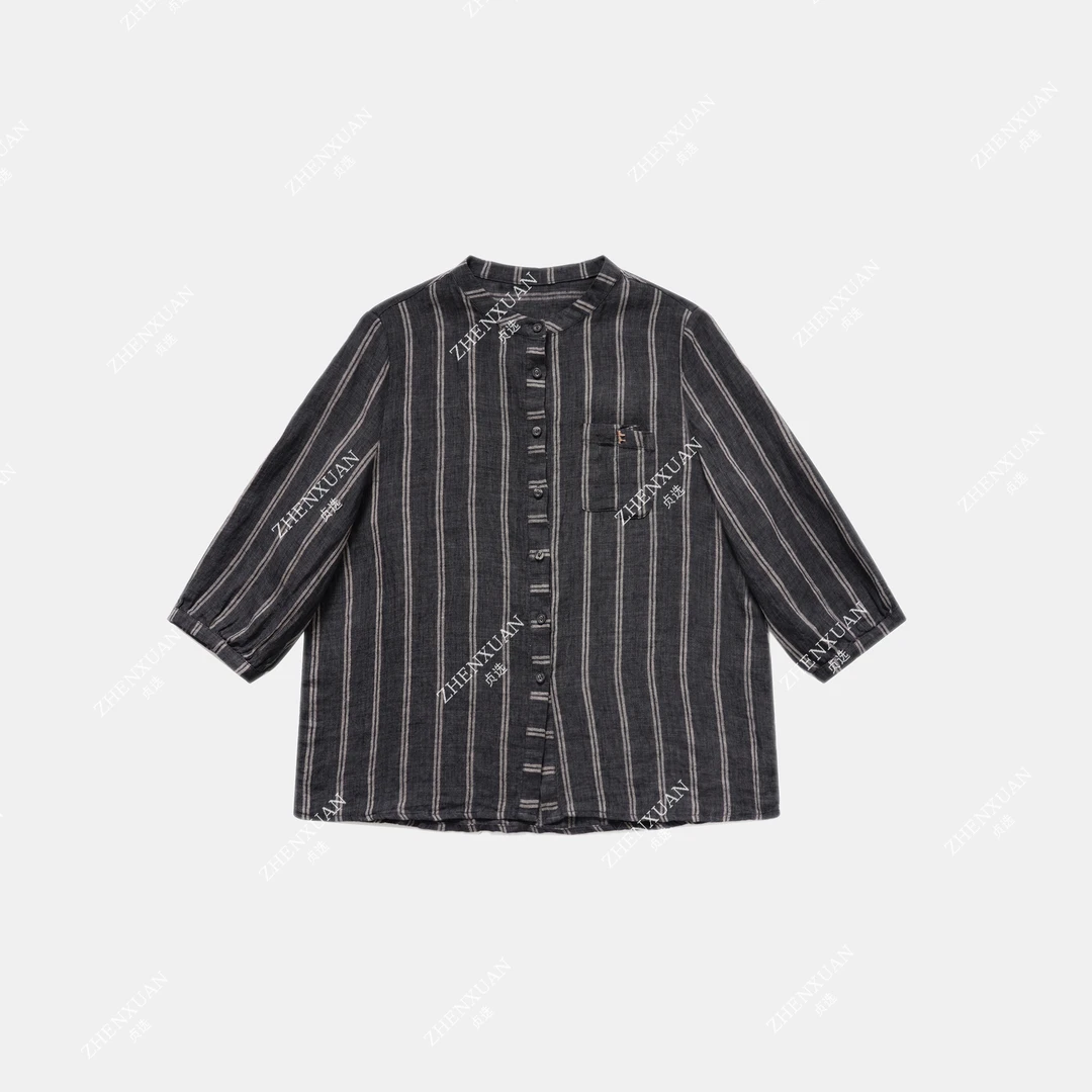 30560-夏季女装条纹色织亚麻衬衫复古港风七分袖休闲立领