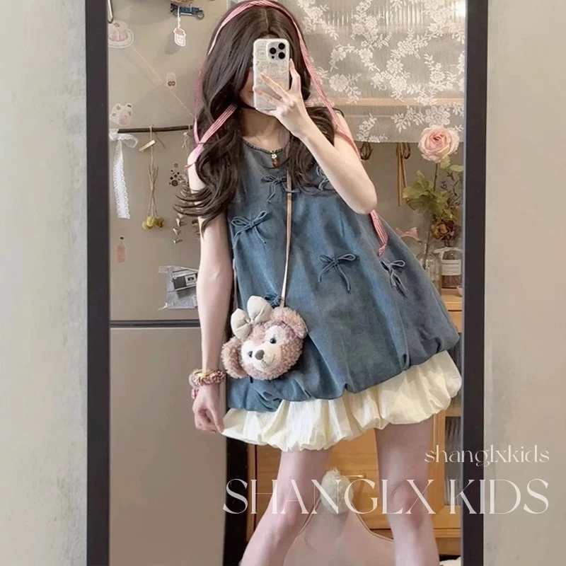 2025新款今年流行爆款女童夏套装高级感蝴蝶结花苞裙子儿童夏装潮