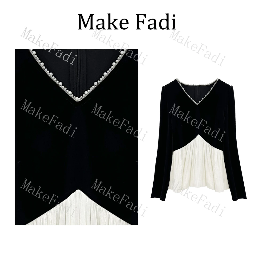 MakeFadi/妙珂梵迪时尚气质拼接钉珠高腰设计感V字领丝绒长袖上衣
