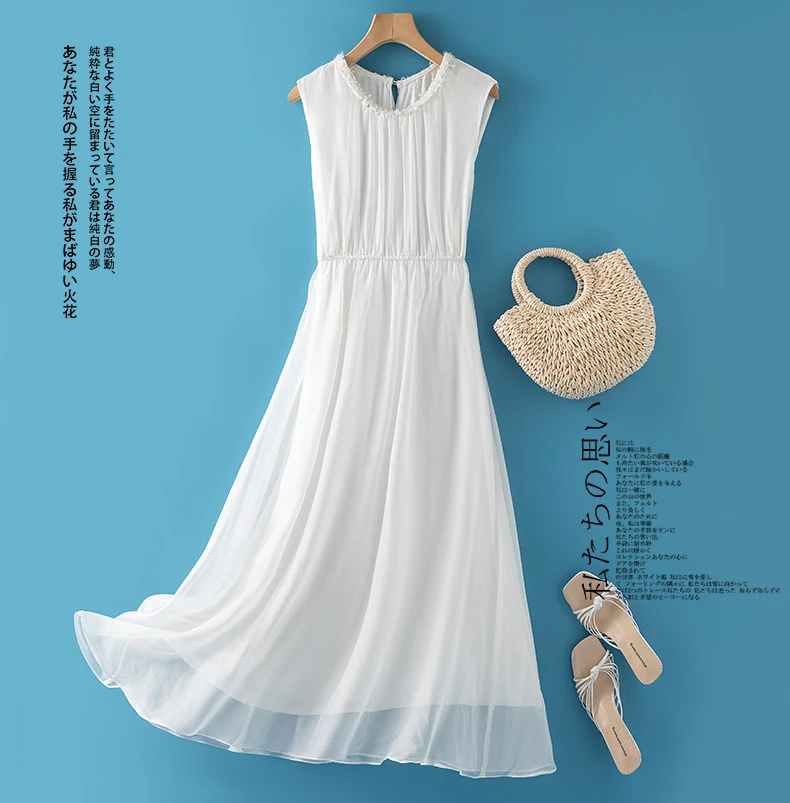 打底法式连衣裙挂脖式娃娃领系扣长裙白色长袖蕾丝无袖裙无袖