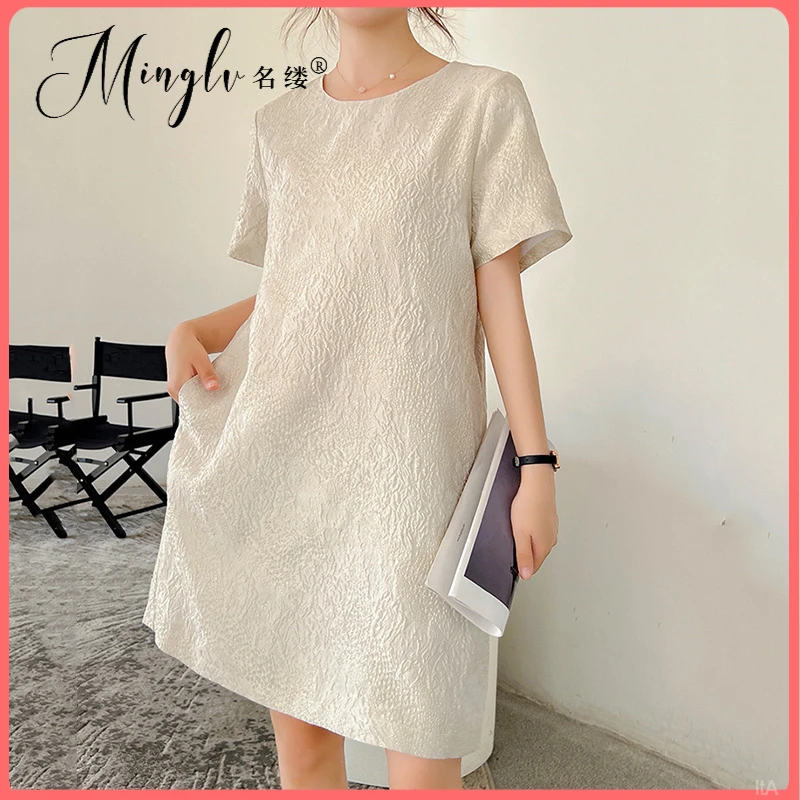 连衣裙女高级感裙子圆领短袖轻奢2025纯色中长款夏季新款宽松直筒