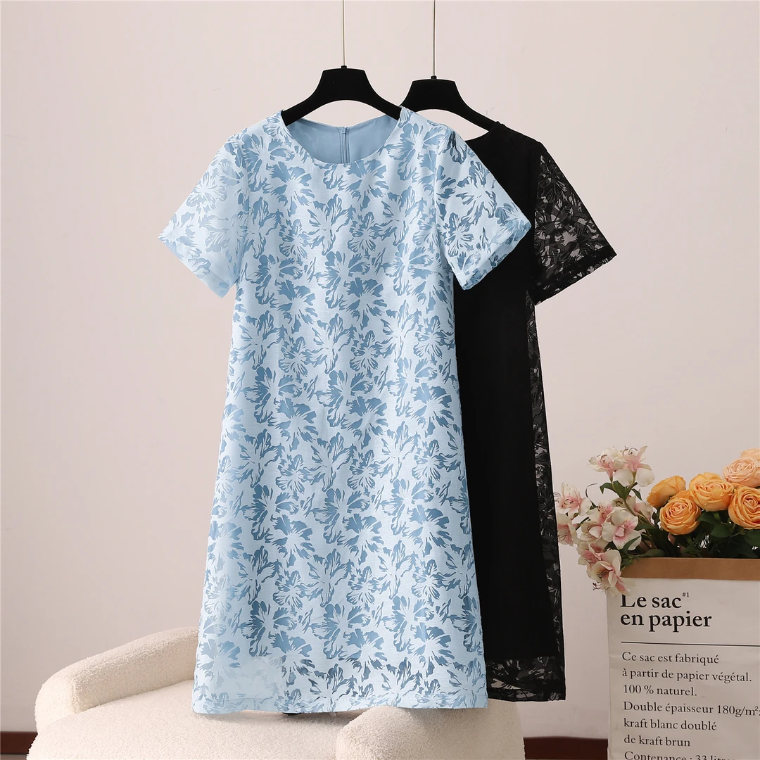 简约通勤中腰提花纯色连衣裙黑色时尚夏季显瘦气质中长款拼接A877