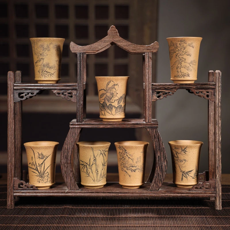 《刻绘图案随机发》宜兴原矿黄金段紫砂手工刻绘主人杯闻香杯90cc