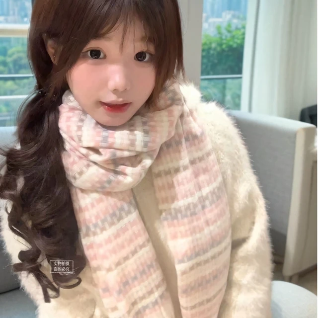 奶油千层~2025新款韩系氛围感格子围巾百搭保暖学生女冬季jk围脖