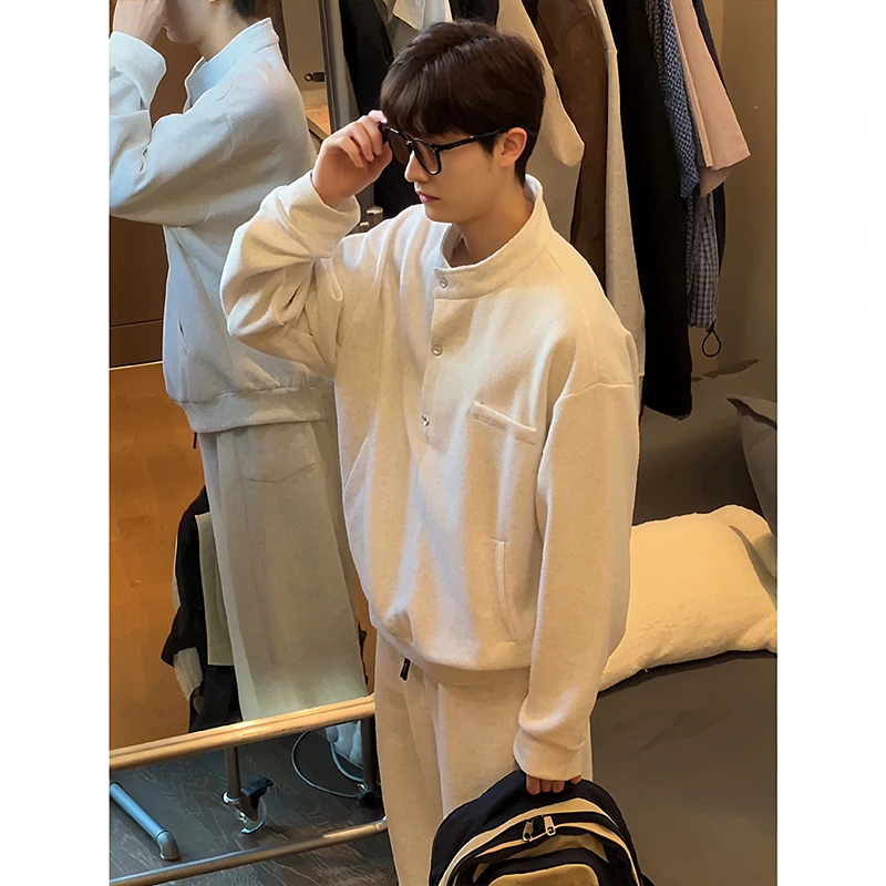 白灰色亨利领polo衫卫衣男秋季美式潮牌学院风简约休闲运动长袖